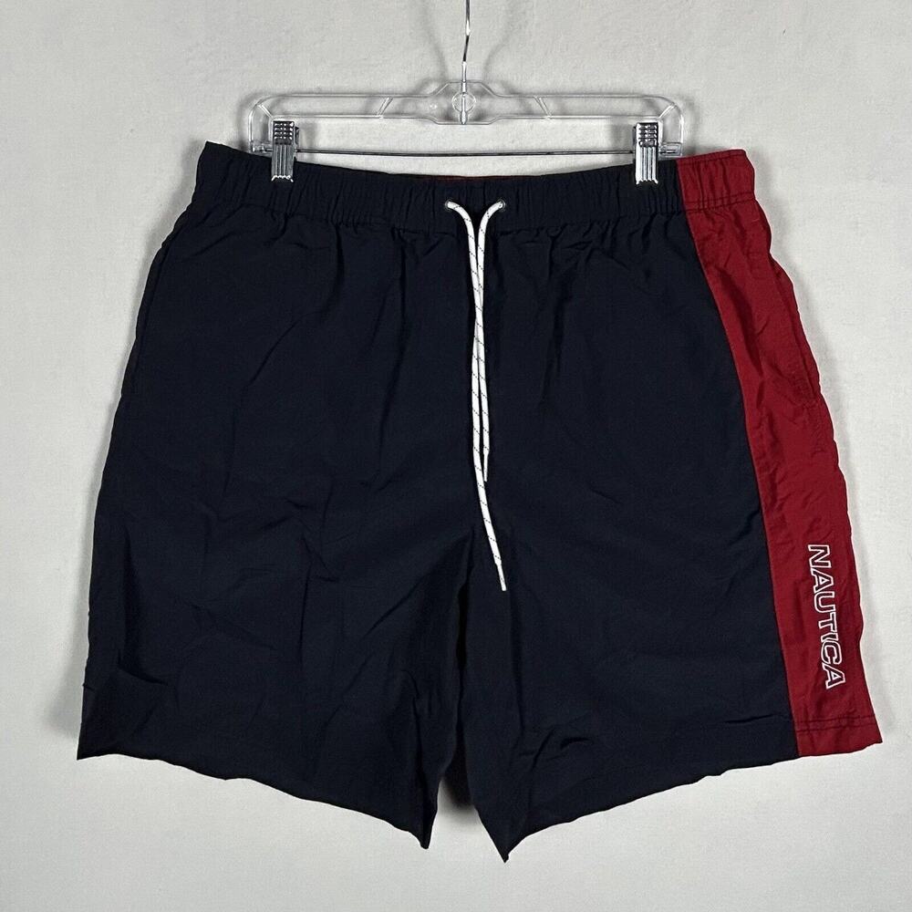 Nautica Men's Swim Trunks Size XL Blue Red Spell Out Pockets Drawstring Swimwear